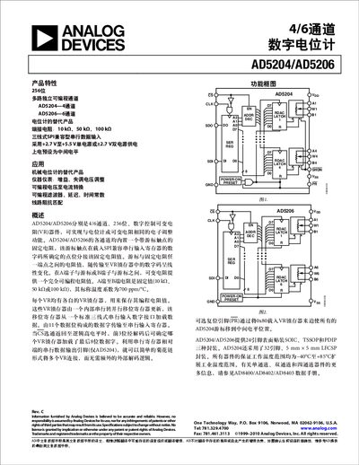 Analog Devices AD5204/AD5206 Digital Potentiometer Datasheet
