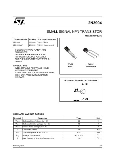 STMicroelectronics 2N3904 Small Signal NPN Transistor Datasheet - cover page