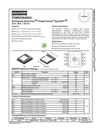 Fairchild Semiconductor FDMS2504SDC N-Channel Dual Cool PowerTrench SyncFET Datasheet - cover page