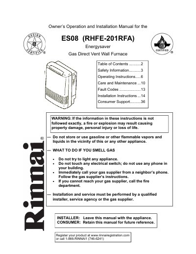 Rinnai ES08 Energysaver Gas Direct Vent Wall Furnace Owner's Operation and Installation Manual - cover page