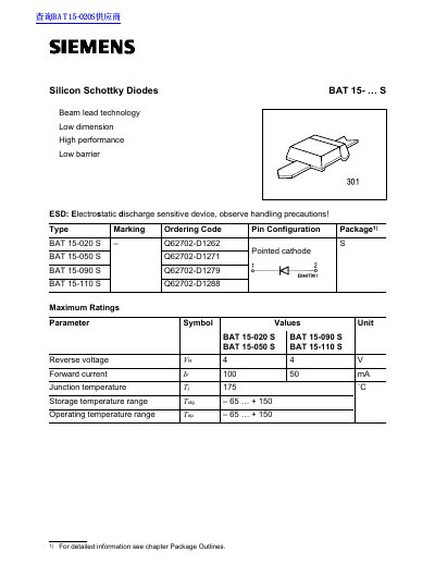 BAT BAT 15-020 S to BAT 15-110 S Silicon Schottky Diodes Datasheet - cover page
