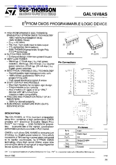 SGS-THOMSON GAL16V8AS Programmable Logic Device Datasheet - cover page
