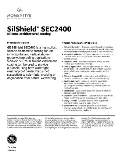 GE SEC2400 Silicone Architectural Coating Product Data Sheet - cover page