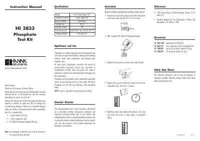 Hanna Instruments HI 3833 Phosphate Test Kit Instruction Manual - cover page