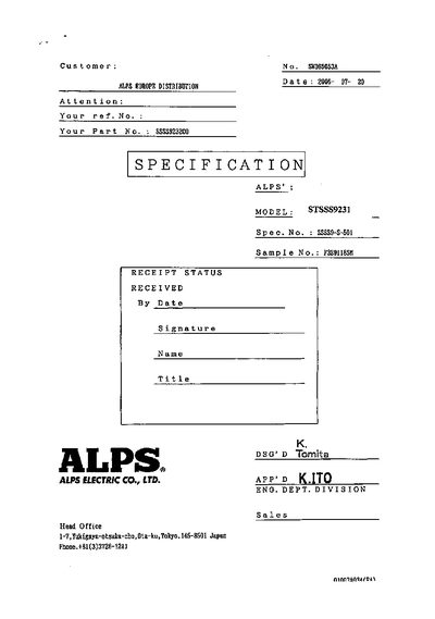ALPS STSSS9231 Slide Switch Datasheet - cover page