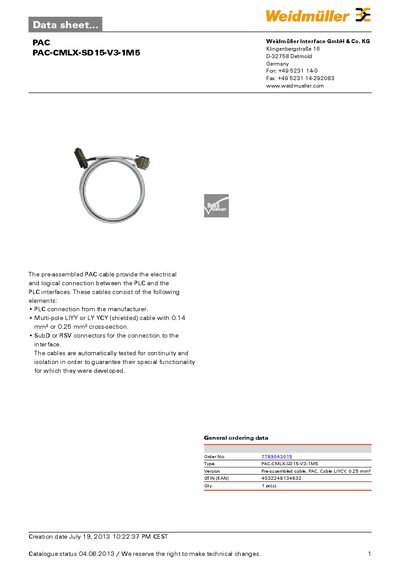 Weidmüller PAC-CMLX-SD15-V3-1M5 PAC Cable Data Sheet - cover page