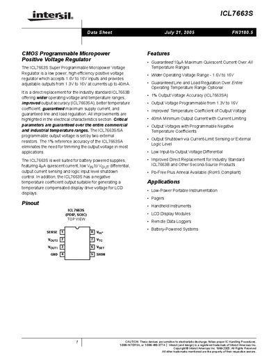 Intersil ICL7663S Positive Voltage Regulator Datasheet - cover page