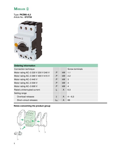 Moeller PKZM0-6,3 Motor Protective Circuit-Breaker Datasheet - cover page