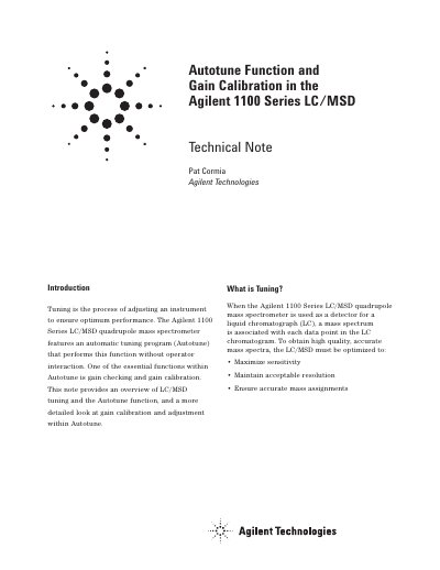 Agilent 1100 Series LC/MSD Autotune Function and Gain Calibration Technical Note - cover page
