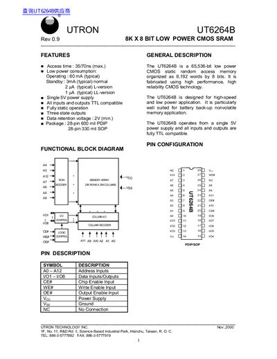 UTRON UT6264B 8K x 8 Bit Low Power CMOS SRAM Datasheet - cover page