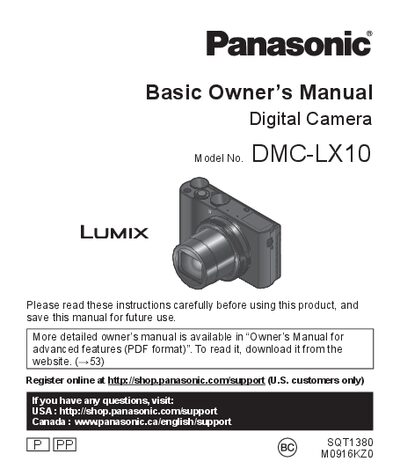 Panasonic DMC-LX10 Digital Camera Basic Owner’s Manual - cover page