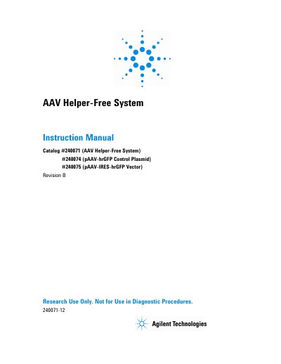 Agilent AAV Helper-Free System Instruction Manual Catalog #240071 - cover page