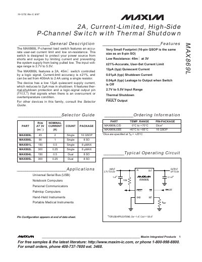 Maxim Integrated MAX869L P-Channel Load Switch Datasheet - cover page