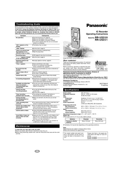 Panasonic RR-US350/RR-US351 IC Recorder Operating Instructions - cover page
