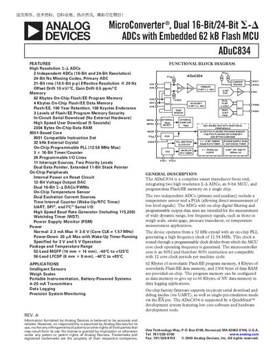 Analog Devices ADuC834 Datasheet - cover page