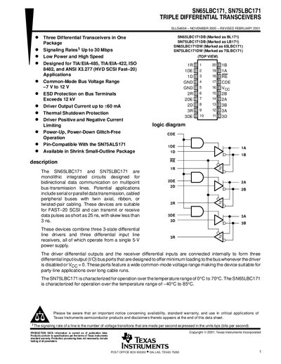 Texas Instruments SN65LBC171 / SN75LBC171 Triple Differential Transceivers Datasheet - cover page