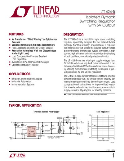 Linear Technology LT1424-5 Isolated Flyback Switching Regulator Datasheet - cover page