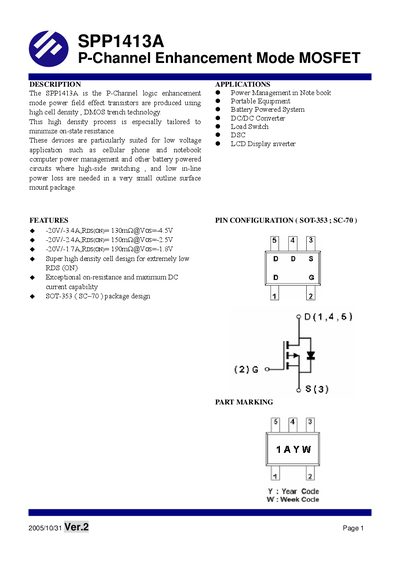 SPP1413A P-Channel Enhancement Mode MOSFET - cover page