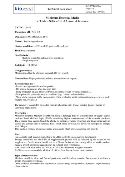 BioWest L0430 Minimum Essential Media w/ Earle’s Salts, NEAA, no L‑Glutamine – Technical Data Sheet