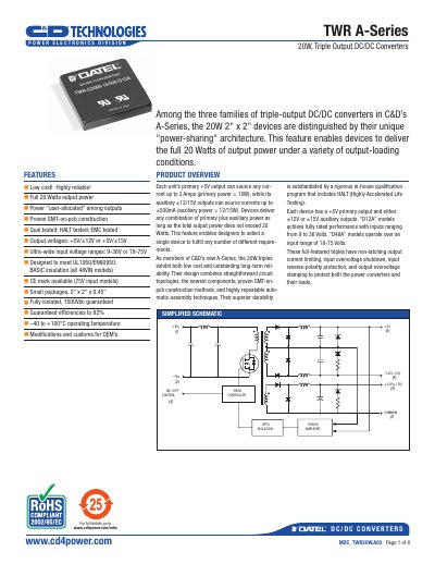 C&D TWR A-Series 20W Triple Output DC/DC Converter Datasheet - cover page