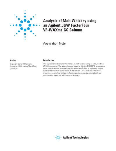 Agilent J&W FactorFour VF-WAXms GC Column Application Note - cover page