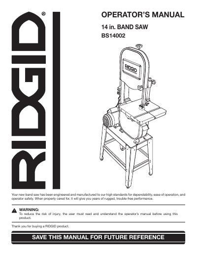 RIDGID BS14002 14 in. Band Saw Operator's Manual - cover page