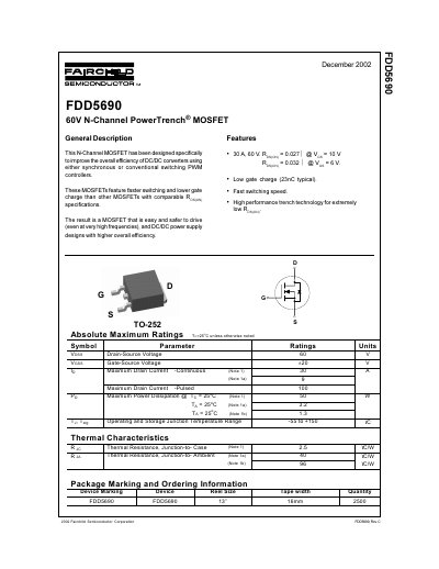 Fairchild Semiconductor FDD5690 60V N-Channel PowerTrench MOSFET Datasheet - cover page