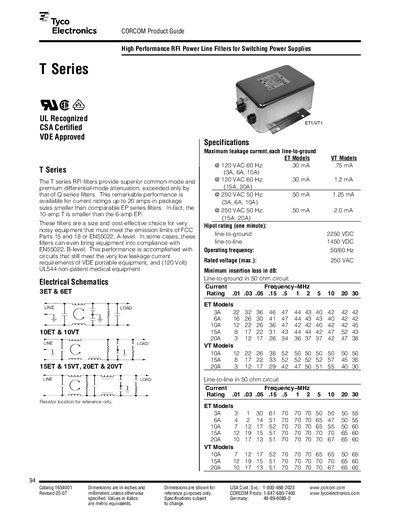 Tyco Electronics T Series RFI Power Line Filter Datasheet - cover page