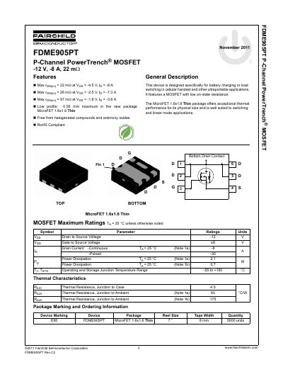 Fairchild Semiconductor FDME905PT P-Channel MOSFET Datasheet - cover page