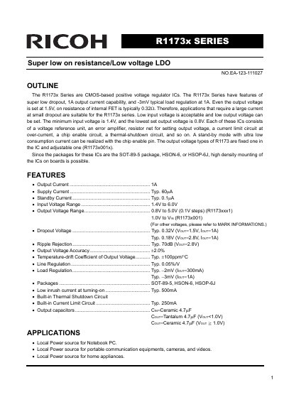 Ricoh R1173x Series Super Low On Resistance/Low Voltage LDO Datasheet - cover page
