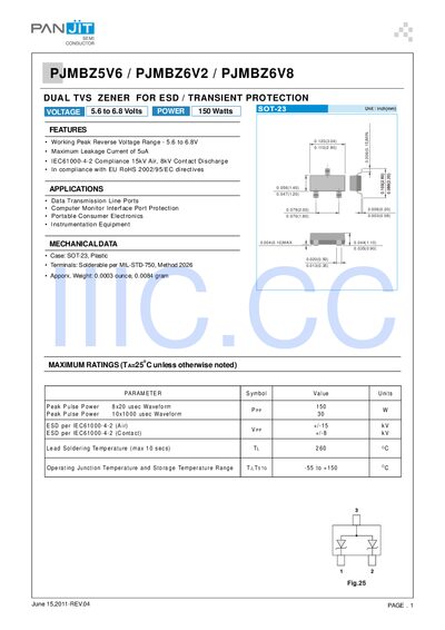 PanJit PJMBZ5V6 / PJMBZ6V2 / PJMBZ6V8 Dual TVS Zener Datasheet - cover page