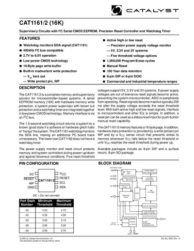 Catalyst CAT1161/2 Supervisory Circuit I2C EEPROM Reset Controller and Watchdog Timer Datasheet - cover page