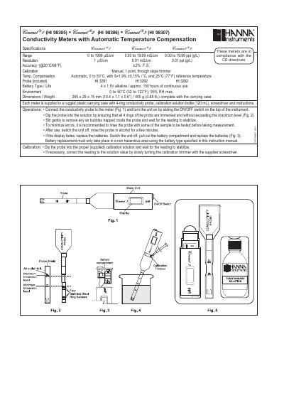 Hanna Instruments HI 98305/98306/98307 Conductivity Meters Specifications and Instructions - cover page
