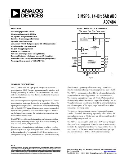 Analog Devices AD7484 14‑Bit SAR ADC Datasheet - cover page