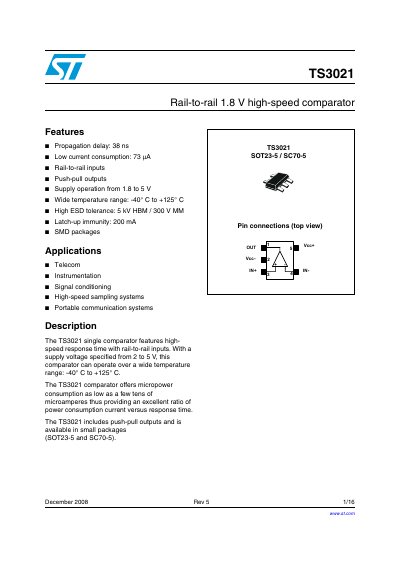 STMicroelectronics TS3021 Rail-to-Rail High-Speed Comparator Datasheet