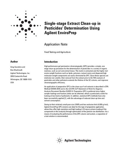 Agilent EnviroPrep Application Note for Single-stage Extract Clean-up in Pesticides Determination - cover page