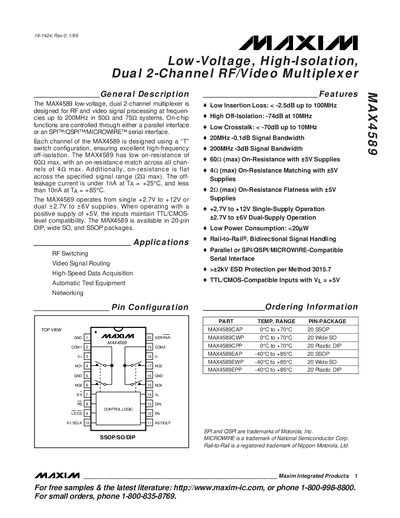 Maxim MAX4589 Dual 2-Channel RF/Video Multiplexer Datasheet - cover page