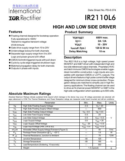 International Rectifier IR2110L6 High and Low Side Driver Data Sheet - cover page