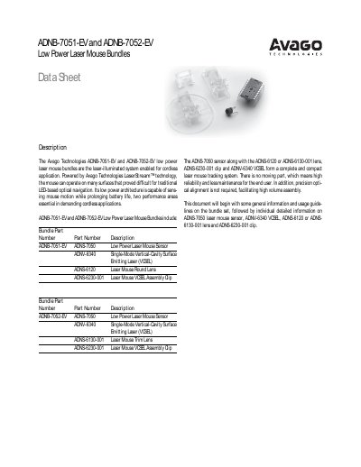 Avago Technologies ADNB-7051-EV and ADNB-7052-EV Low Power Laser Mouse Bundles Data Sheet