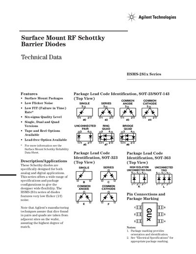 Agilent HSMS-281x Surface Mount RF Schottky Diode Datasheet - cover page