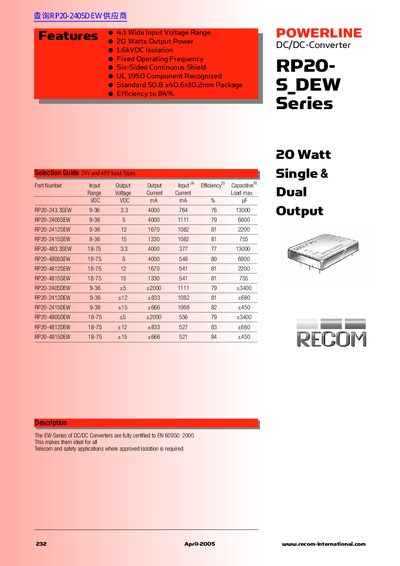 RECOM RP20 20 Watt Single & Dual Output DC/DC Converter Datasheet - cover page