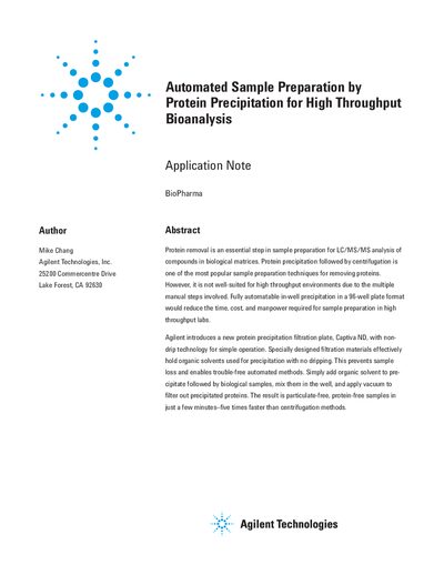 Agilent Captiva ND Protein Precipitation Filtration Plate Application Note - cover page