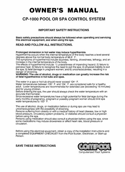 Compool CP-1000 Pool or Spa Control System Owner's Manual - cover page