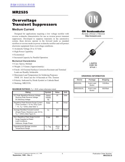 ON Semiconductor MR2535L Overvoltage Transient Suppressor Datasheet - cover page
