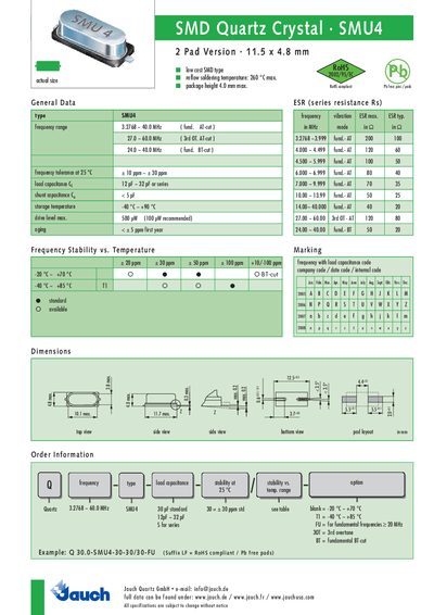 Jauch SMU4 SMD Quartz Crystal Datasheet - cover page