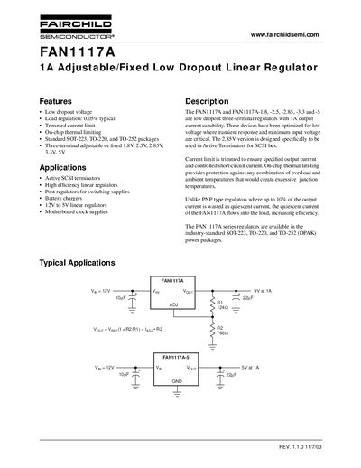 Fairchild FAN1117A Low Dropout Linear Regulator Datasheet - cover page