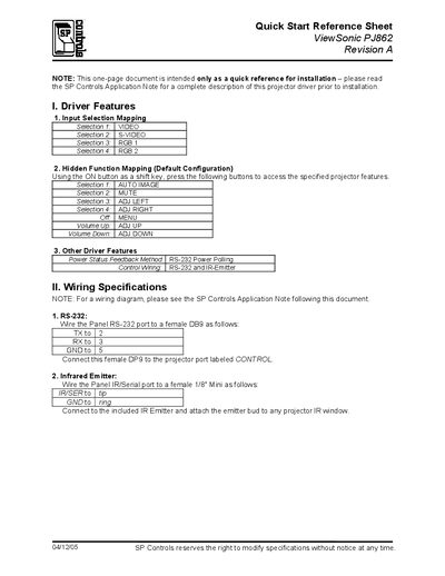 ViewSonic PJ862 Quick Start Reference - cover page