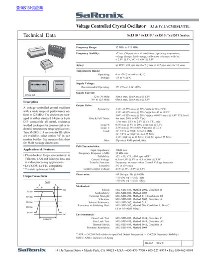 SaRonix Sx1310/Sx1319/Sx1510/Sx1519 Series Voltage Controlled Crystal Oscillator Datasheet - cover page