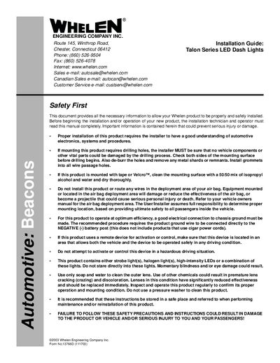 Whelen Talon Series LED Dash Lights Installation Guide - cover page