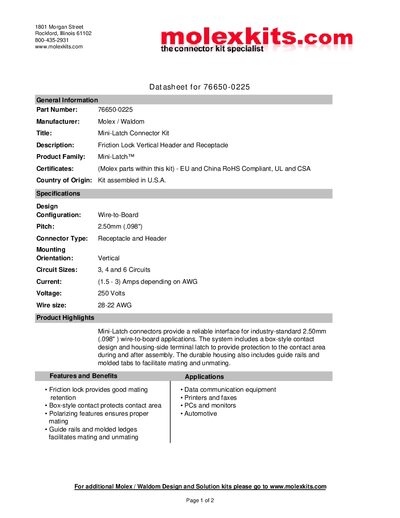 Molex 76650-0225 Mini-Latch Connector Kit Datasheet - cover page